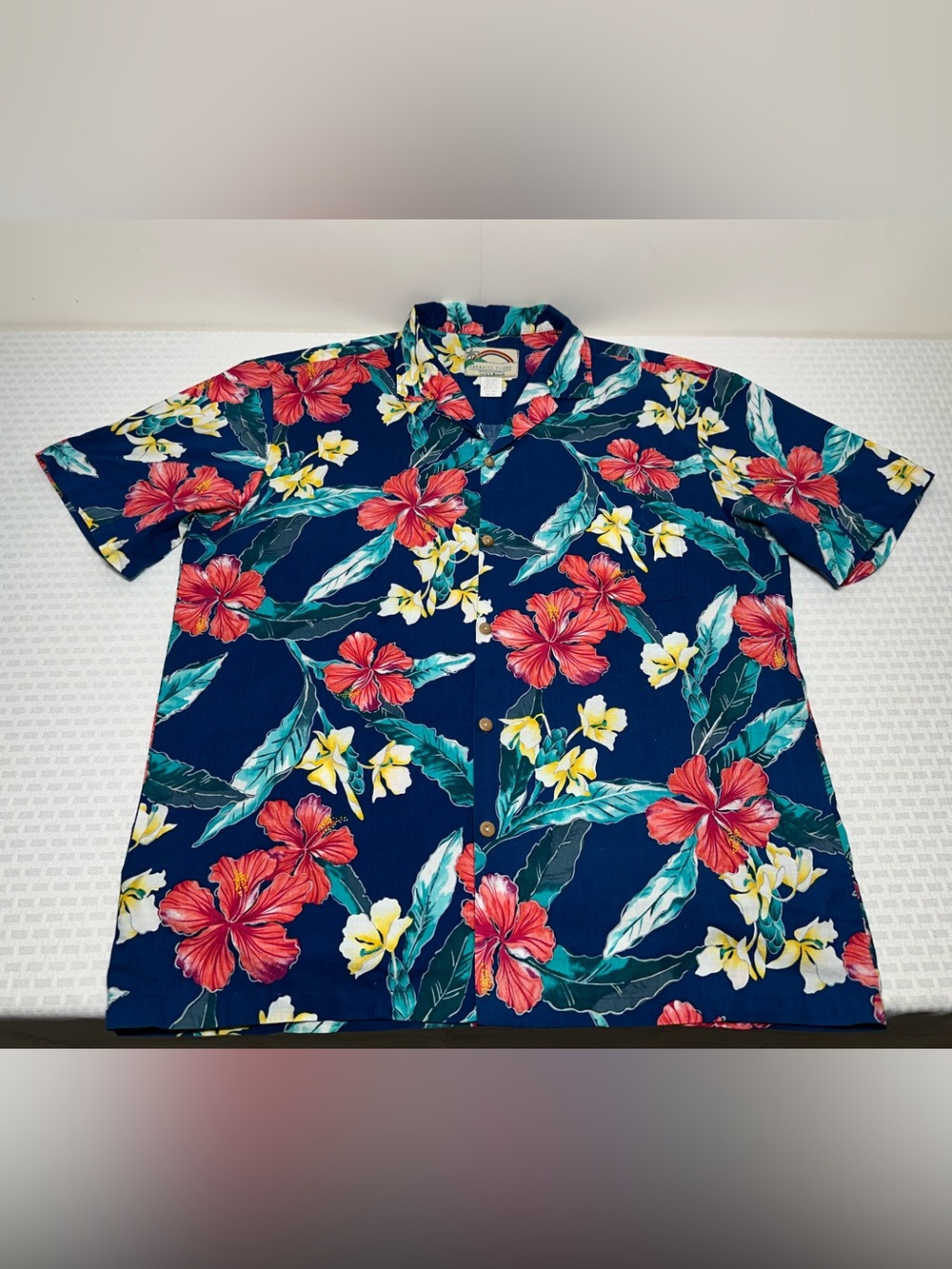 Vtg 80s Paradise Found LL Bean Hawaiian Shirt L Blue Hibiscus Floral Aloha USA!